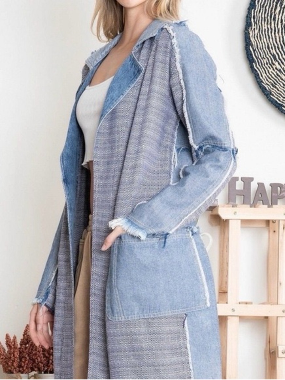 NWT Bluevelvet Denim Patchwork Trench Coat Blazer size Medium